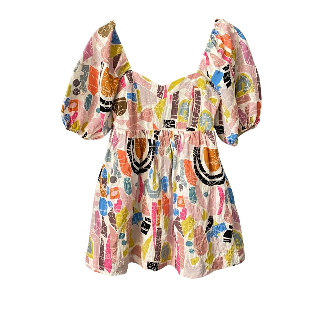 Joy Joy Women XS Abstract Geometric Puff Sleeve Babydoll Top Smocked‎ Back Multi